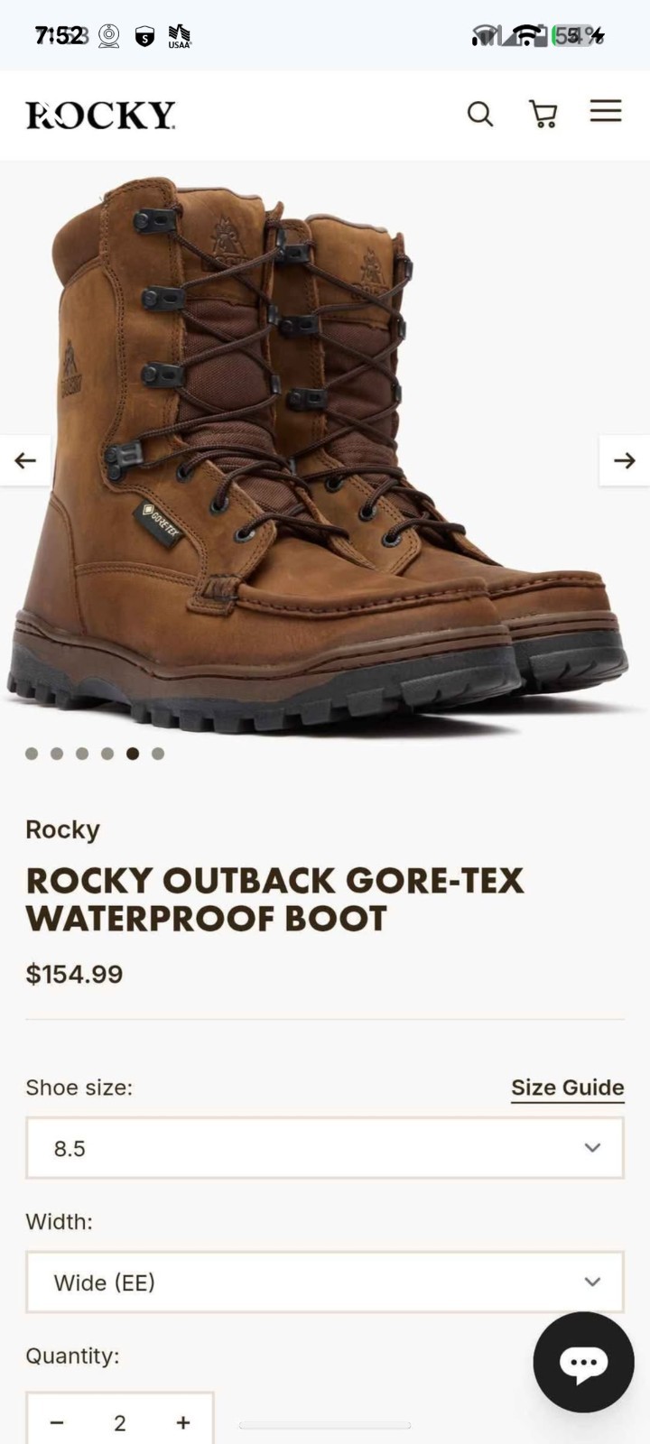 new Rocky Outback Gore-Tex Waterproof Boot – Model 8729, Size 8.5 ee wide.