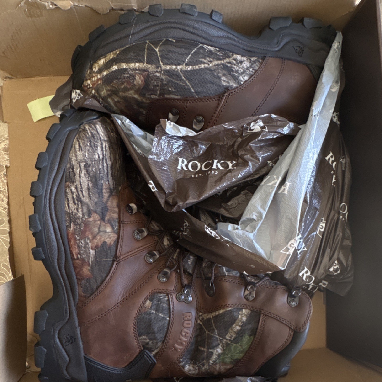 Rocky Woodland Camouflage Hunting Boots Brown Outdoor Rugged Sole